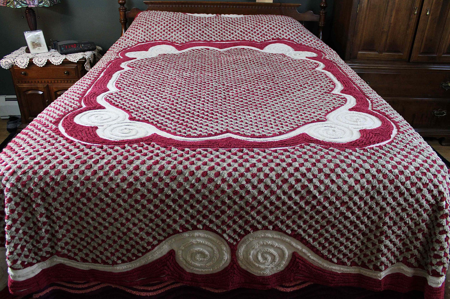 Plush Luxury Chenille Bedspread, Exceptional Vintage Bedding in Ice Grey, Berry Red & Dove Gray, Heavyweight FULL Size Bedding