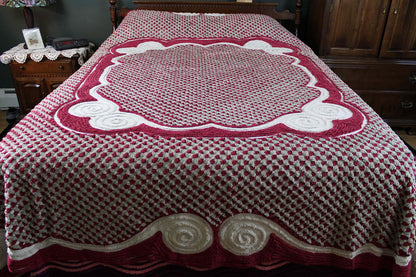 Plush Luxury Chenille Bedspread, Exceptional Vintage Bedding in Ice Grey, Berry Red & Dove Gray, Heavyweight FULL Size Bedding