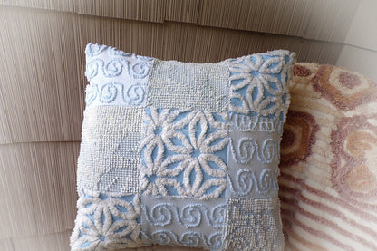 Beach Cottage Chenille Pillow Cover 16" x 16" inch Square, REVERSIBLE Patchwork Blue Accent Pillow from Vintage Chenille Bedspread Fabric