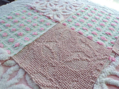 angel pinks vintage chenille fabric squares, rosebuds, daisy patterns, set of 16 quilting blocks, 6" x 6" each, pretty in patchwork pillows