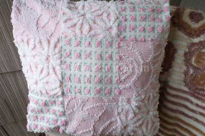 Cottage Fantasy Chenille Pillow Cover 16" x 16" inch Square, REVERSIBLE Patchwork Pink Accent Pillow from Vintage Chenille Bedspread Fabric