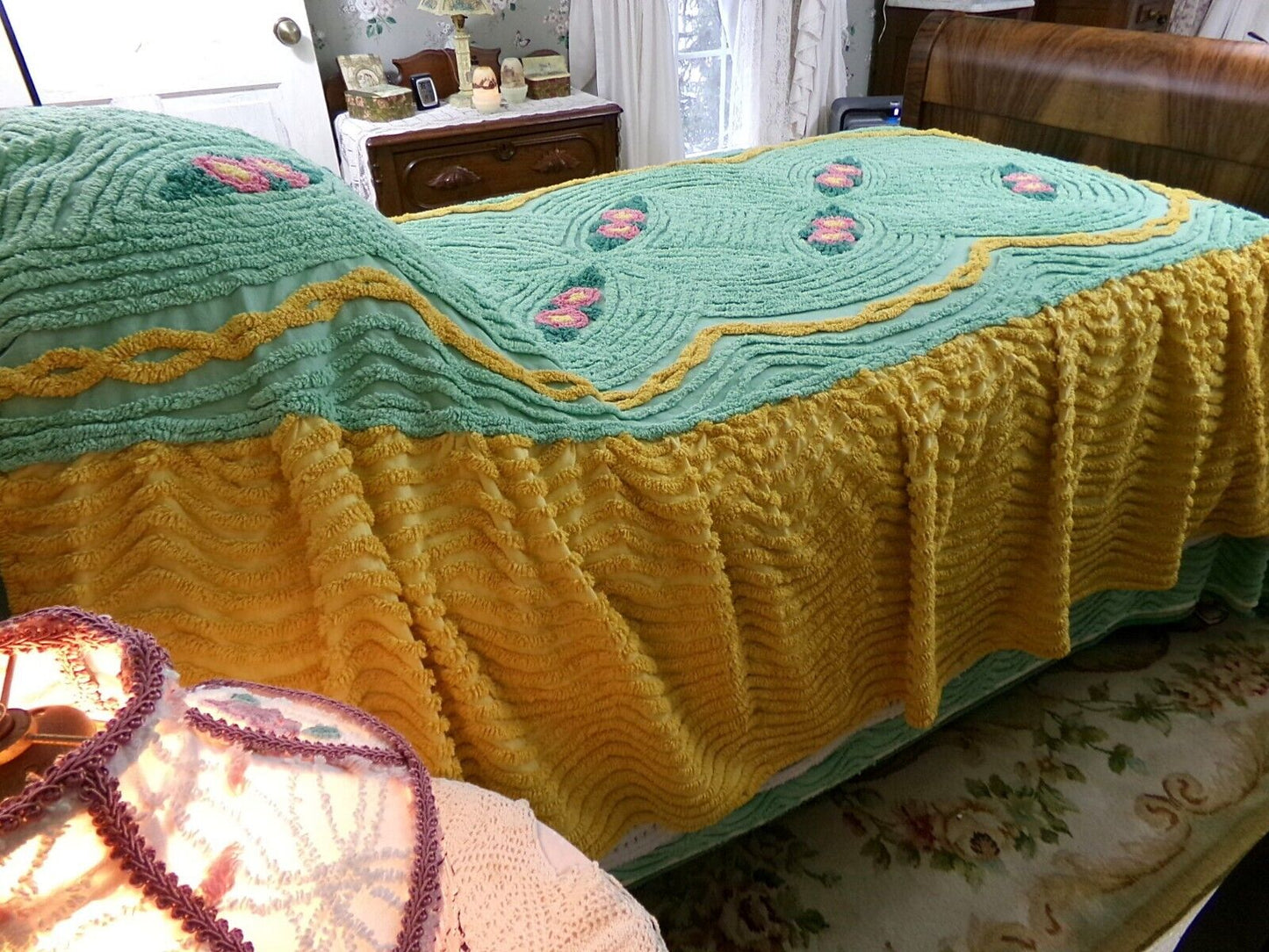 Vintage gold & green chenille bedspread, pink roses, attached ruffle skirt, twin sz