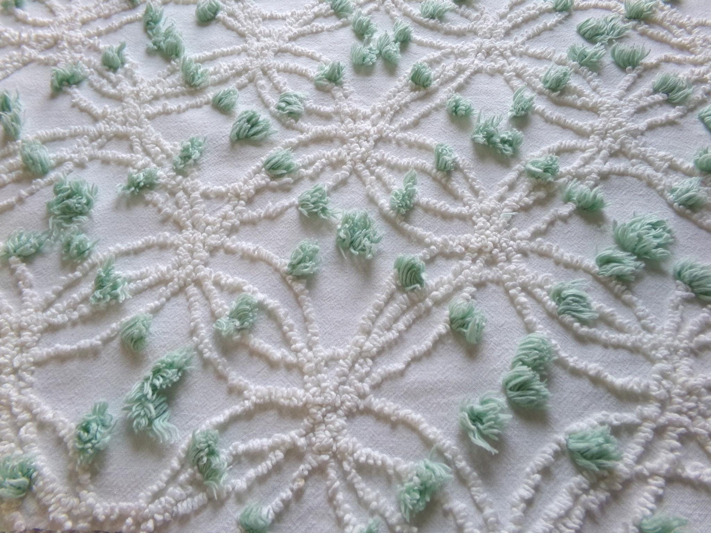 Breezy White Vintage Chenille Fabric, 15" x 25" Piece, Needletuft Wedding Rings with Mint Green Pops