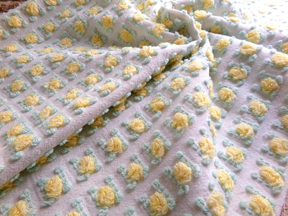 playful yellow rosebud vintage chenille fabric, cheerful lemon rose 18" x 24" inch piece of quilt fabric for sewing & crafts