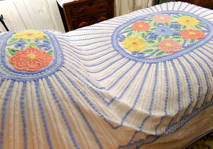 vintage full size chenille bedspread in blue & white colorful cameo starburst florals