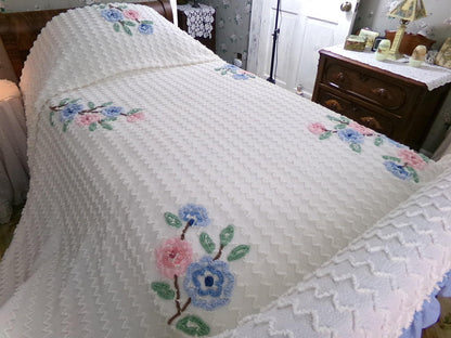 beach cottage seersucker vintage bedspread with tufted chenille zig zags, pink & blue flowers, ruffle accent, twin or full size bedding