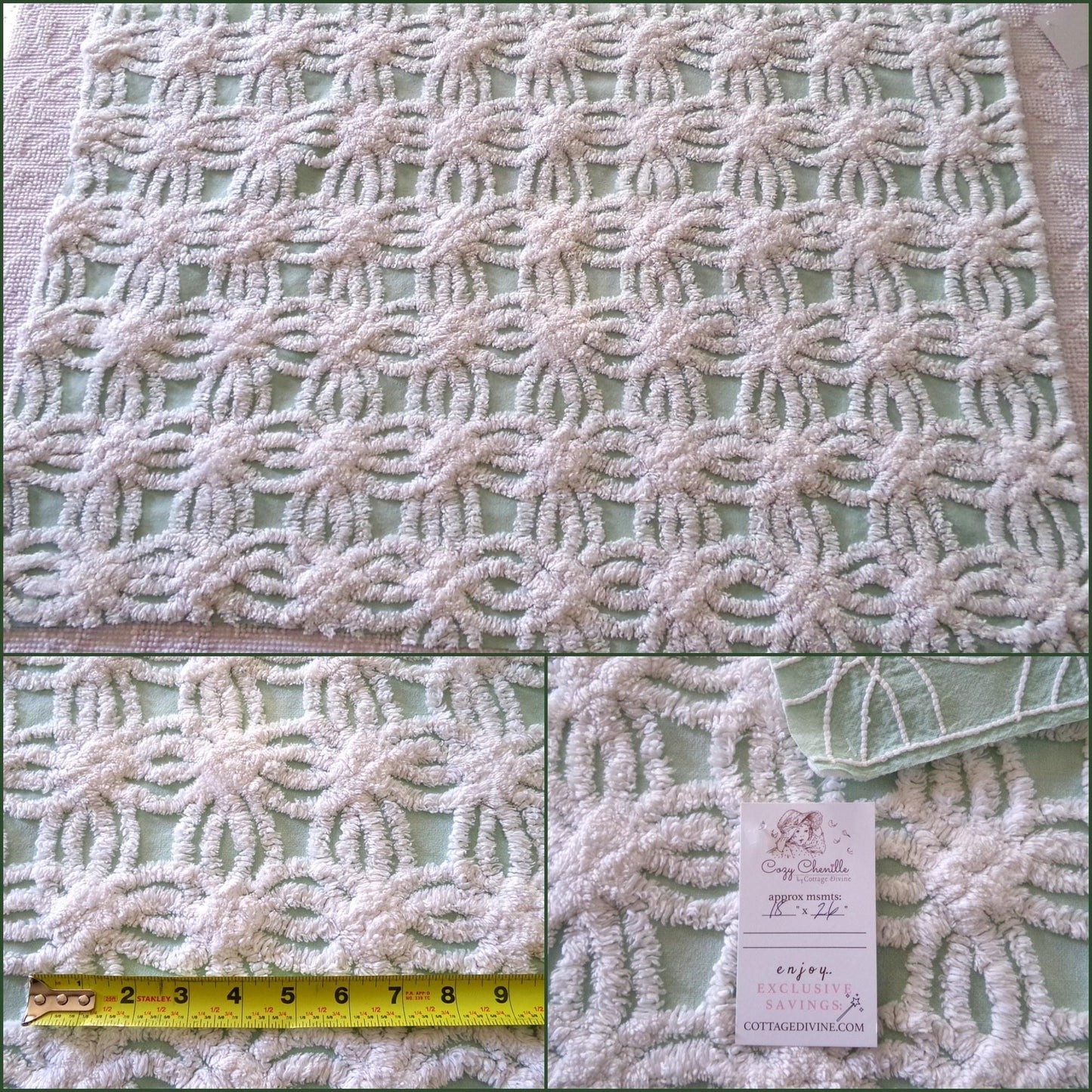 mint green chenille fabric, plush white wedding rings, 18" x 26" inch piece cut from vintage chenille bedspread