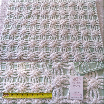 mint green chenille fabric, plush white wedding rings, 18" x 26" inch piece cut from vintage chenille bedspread