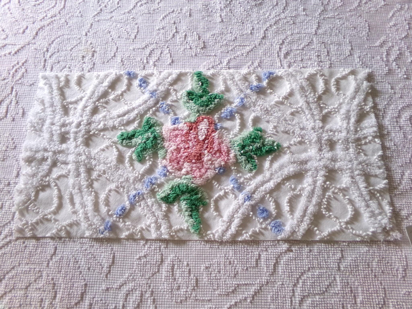 cute plush pink rose fabric piece, vintage tufted chenille cottage style sewing material, 10.5" x 22" inches