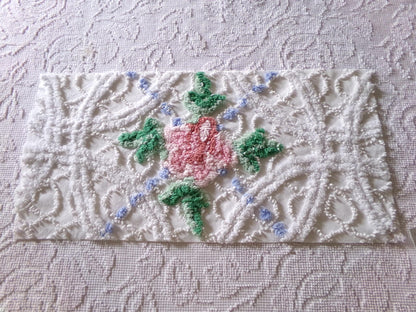 cute plush pink rose fabric piece, vintage tufted chenille cottage style sewing material, 10.5" x 22" inches