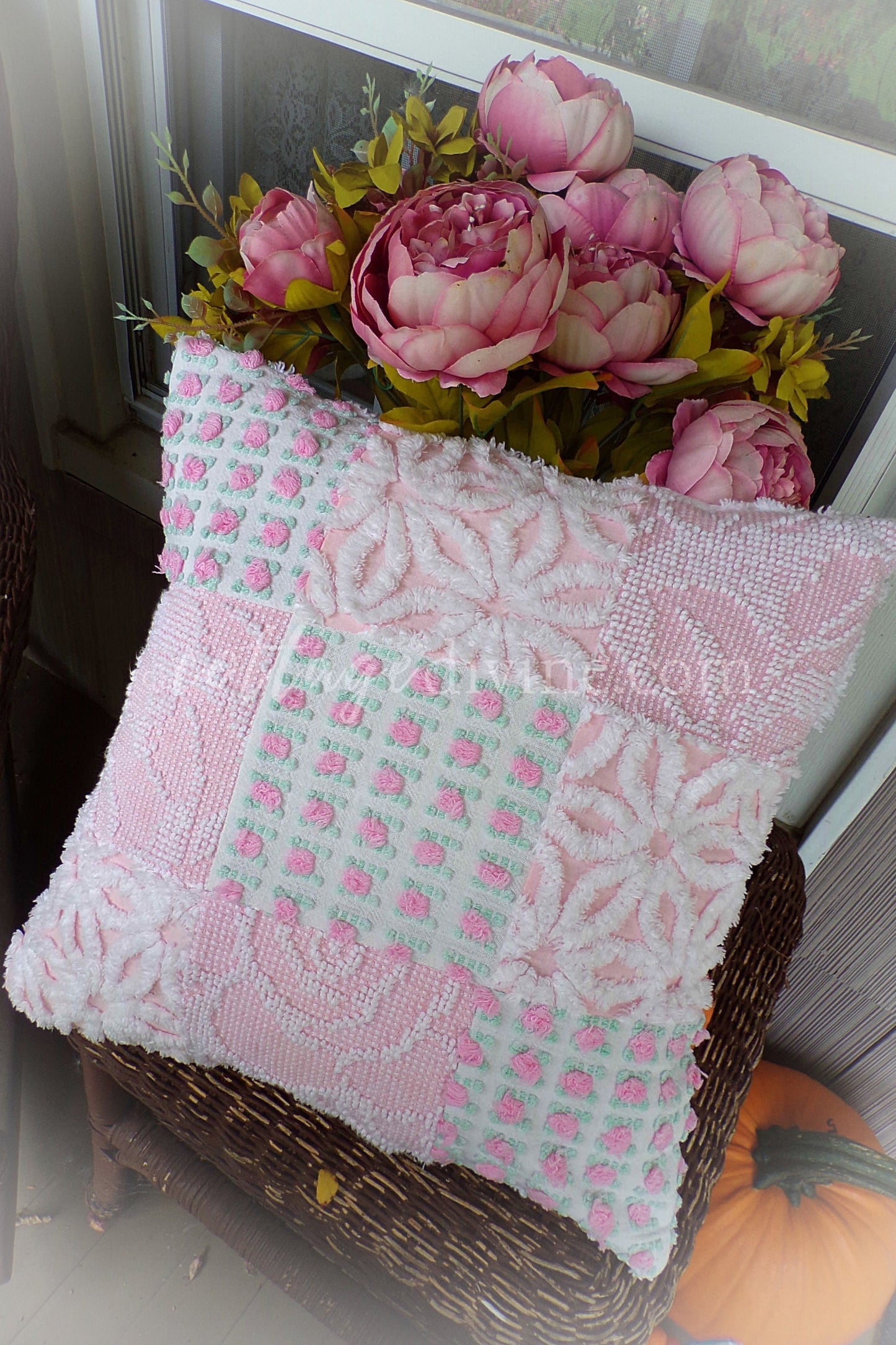 Cottage Fantasy Chenille Pillow Cover 16" x 16" inch Square, REVERSIBLE Patchwork Pink Accent Pillow from Vintage Chenille Bedspread Fabric