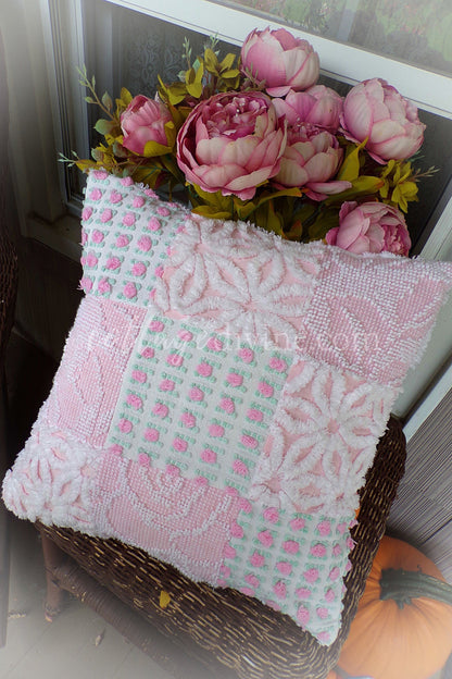 Cottage Fantasy Chenille Pillow Cover 16" x 16" inch Square, REVERSIBLE Patchwork Pink Accent Pillow from Vintage Chenille Bedspread Fabric