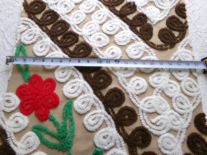 vintage chenille fabric, chocolate cake with a cherry on top, 20" x 26" piece of cotton sewing material in red flower, mocha, brown & white