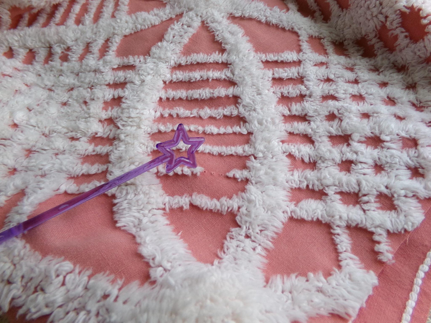 Unique Terracotta Rose Vintage Chenille Fabric, 29" x 27" Inch Piece, White Geometric Designs