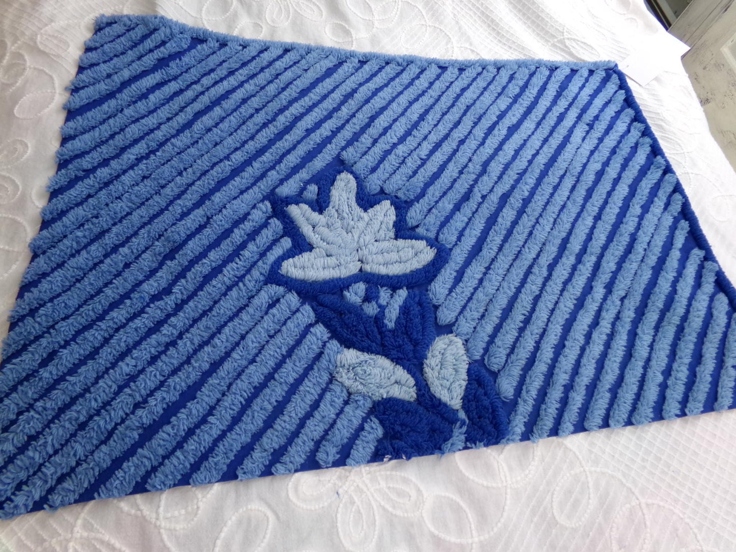 Midnight Blue Plush Vintage Chenille Bedspread Fabric, Water Lily on Diagonal Stripes, 18" x 25" inch Piece, Sewing & Quilt Material
