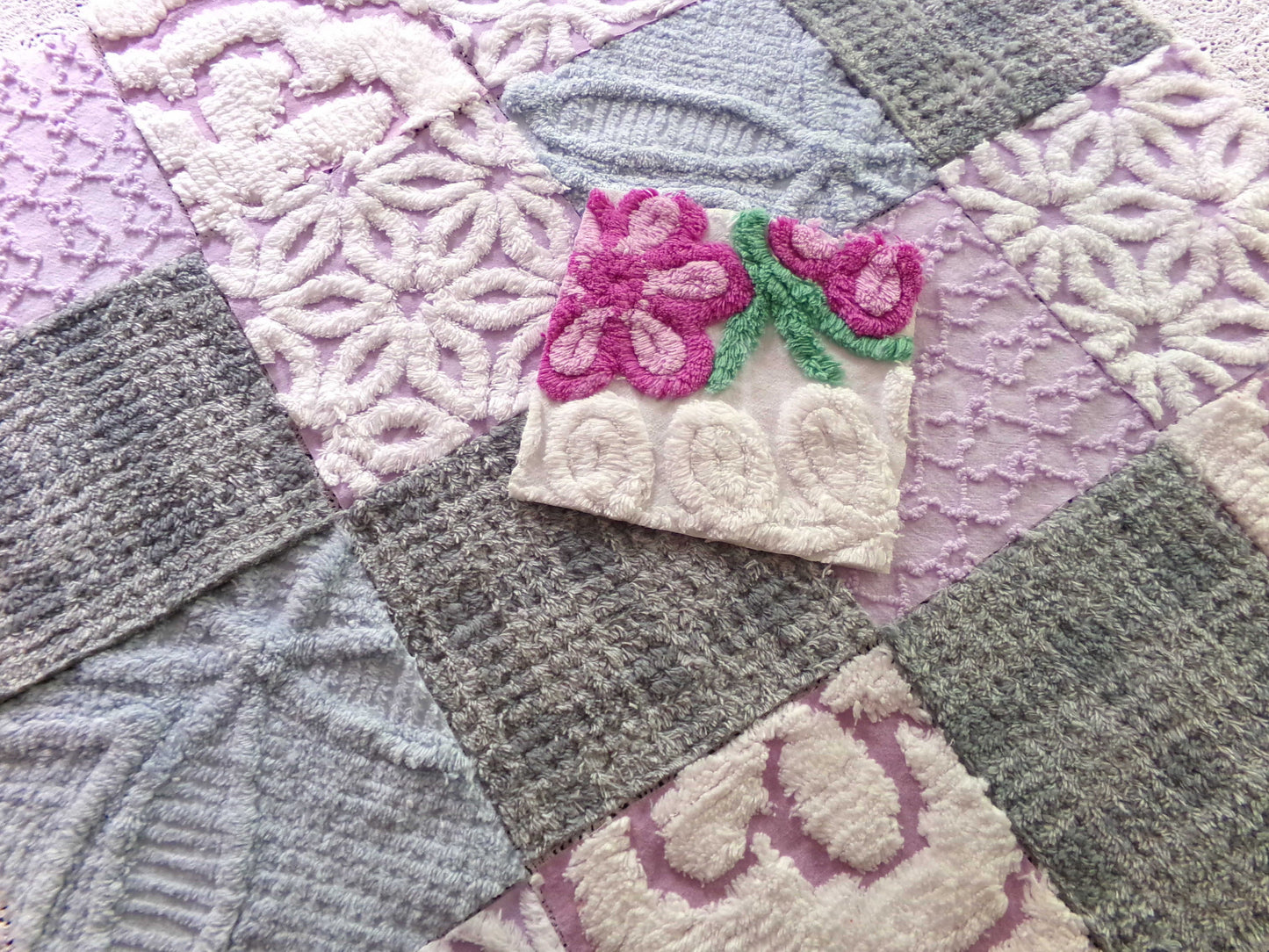 Sweet Dreams Vintage Chenille Fabric Squares, in Grey, Lilac, White & Blue, Set of 17 Blocks, 6" Each for Quilts, Crafts