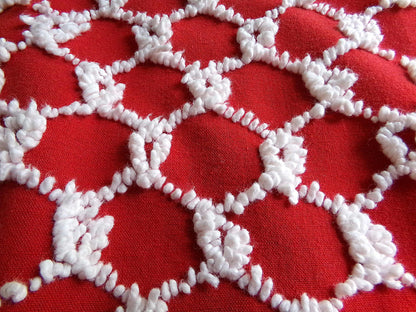 Fabulous Vintage Chenille Bedspread Fabric, Red & White Chain Link Design, 19" x 20" inch Piece, Ultra Lightweight Cotton