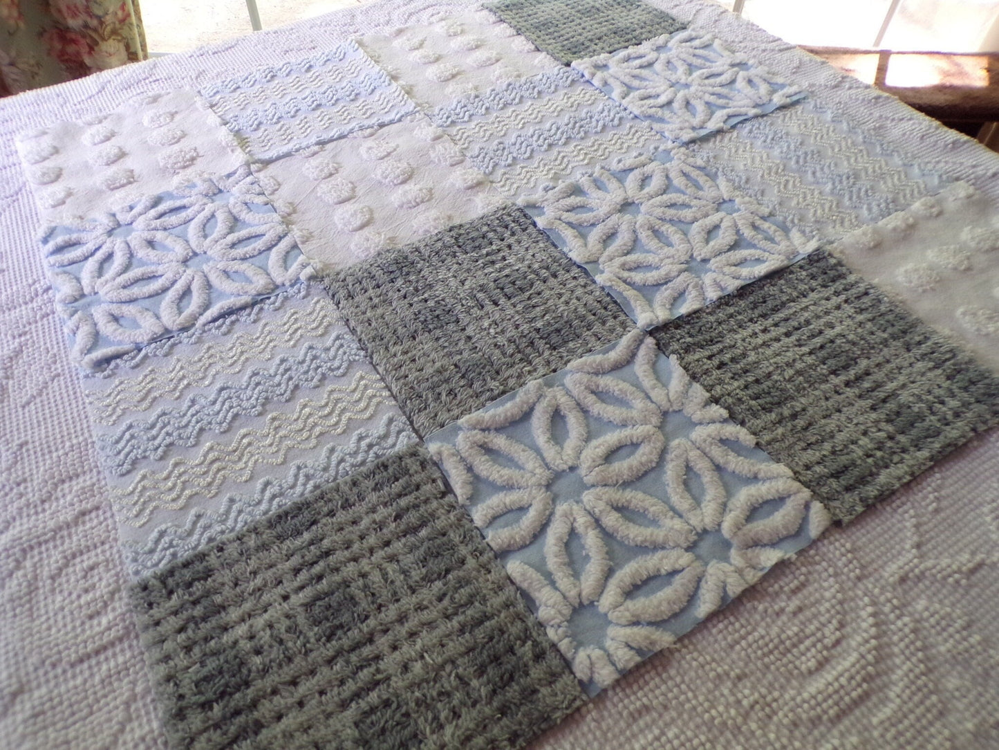 winter storm chenille fabric squares, 16 vintage 6" x 6" quilt blocks in cool blue & modern grey geometric for sewing, crafts, fiber arts