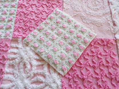 Must Love Pink Chenille Quilt Squares Set from Vintage Bedspread Fabric, 16 Blocks, 6" inch