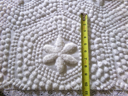 star mist white vintage chenille fabric, coastal 3D radiating starry pop motifs, 21" x 26" cut piece with fringe for pillows handmade quilts
