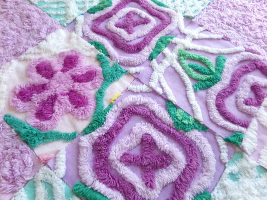 welcome spring chenille fabric squares, set of 16 vintage craft & quilt blocks 6" inches ea, teal, white, lavender springtime colors