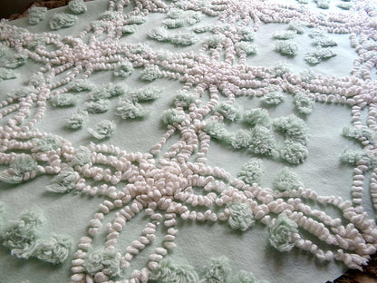 Creamy Mint Green Vintage Chenille Fabric, 20" x 13" inch Piece, White Wedding Ring & Dot Design, Great for Handmade Quilts, Crafts