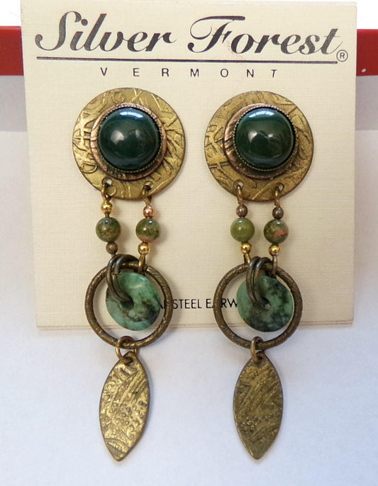 Ethnic Boho Pierced Dangle Earrings, Vintage Hippie Silver Forest Artisan Made, Egyptian Jade Color Stones Dangling Leaf Design, 1990s style