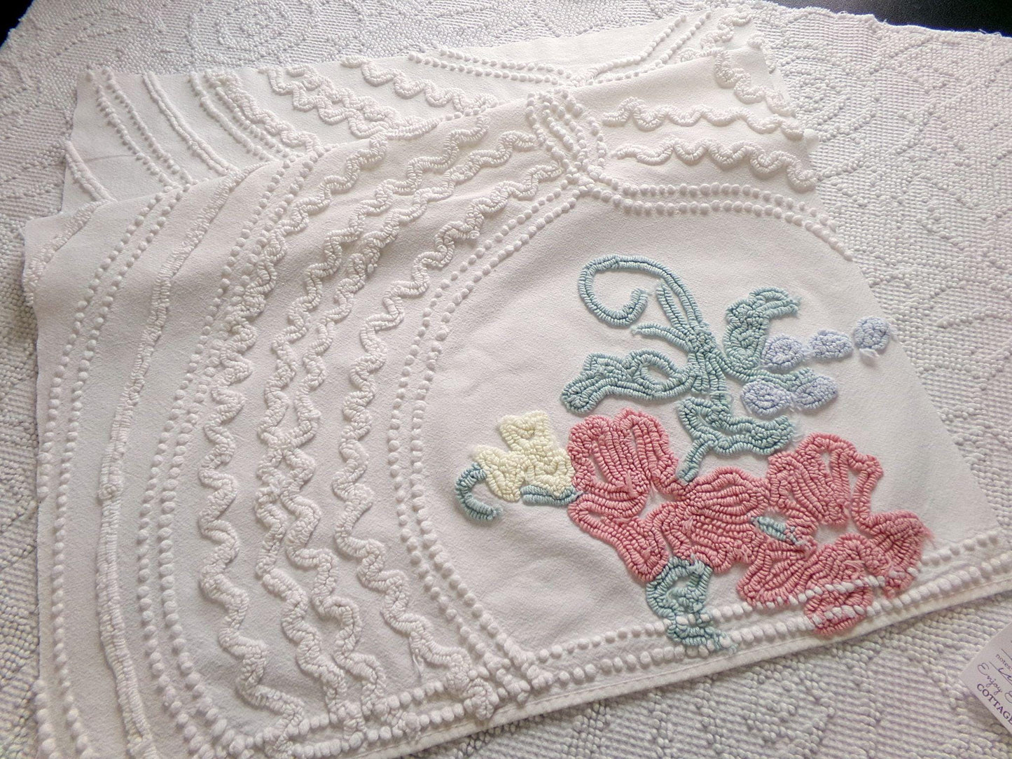 shabby delicate vintage chenille fabric, 18" x 24" inch piece of cotton sewing material for crafts & quilting