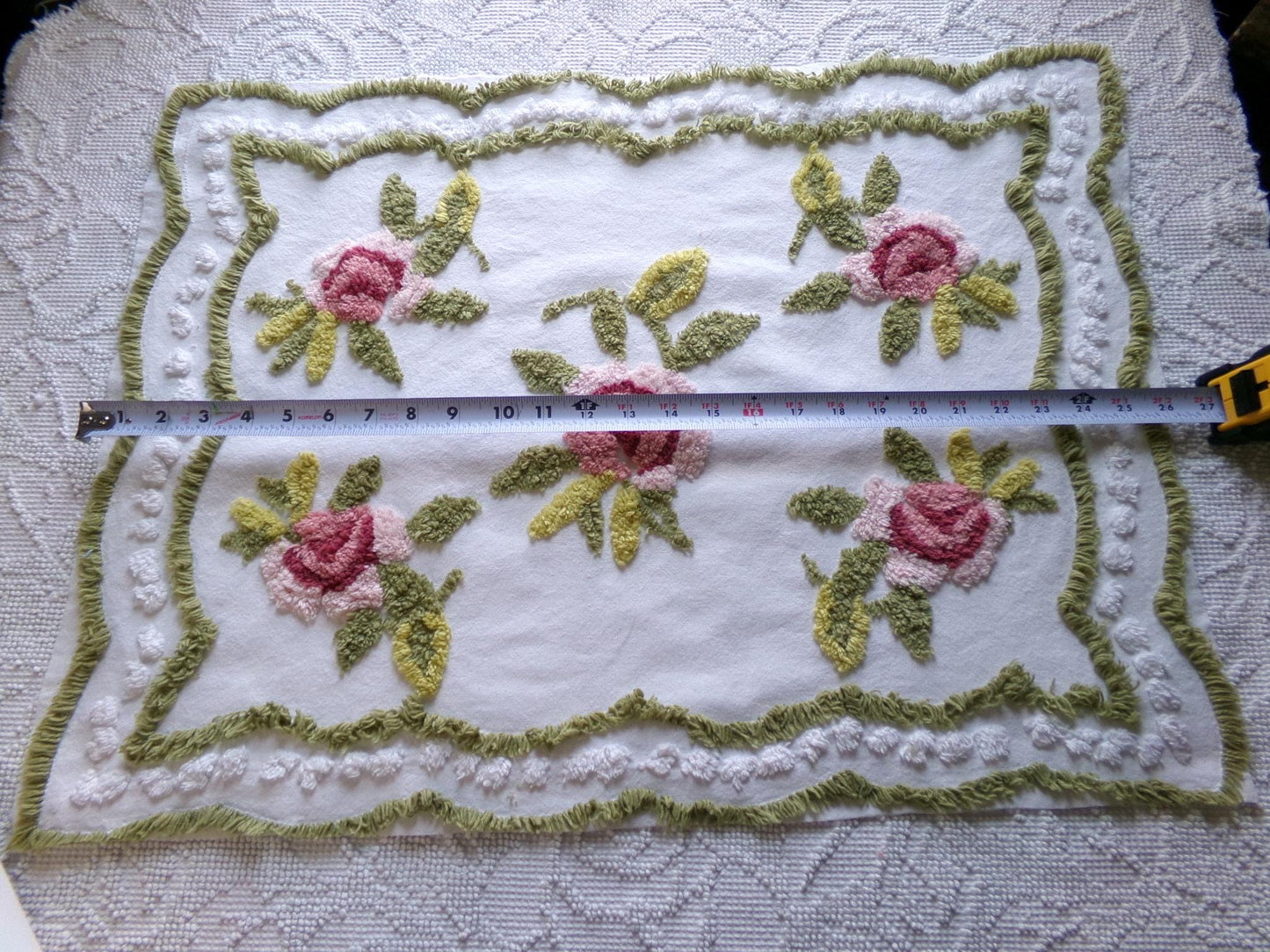 victorian style rose vintage chenille fabric, 19" x 25" inch piece of cotton sewing material, great for pillows & crafts