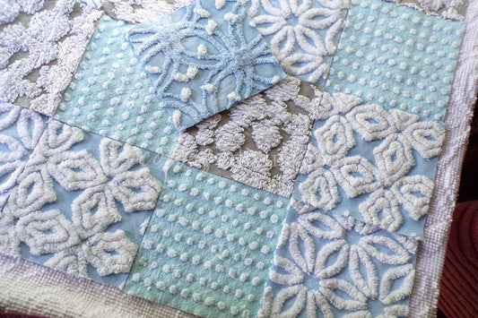 breezy fresh chenille fabric squares, 17 vintage 6" quilt blocks in coastal colors of blue, white, grey & aqua for sewing, quilts, fiber art