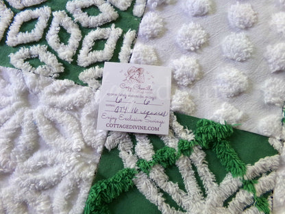winter's enchantment vintage chenille fabric squares, set of 16 green & white quilting blocks, 6" each for patchwork pillows, quilt inlays