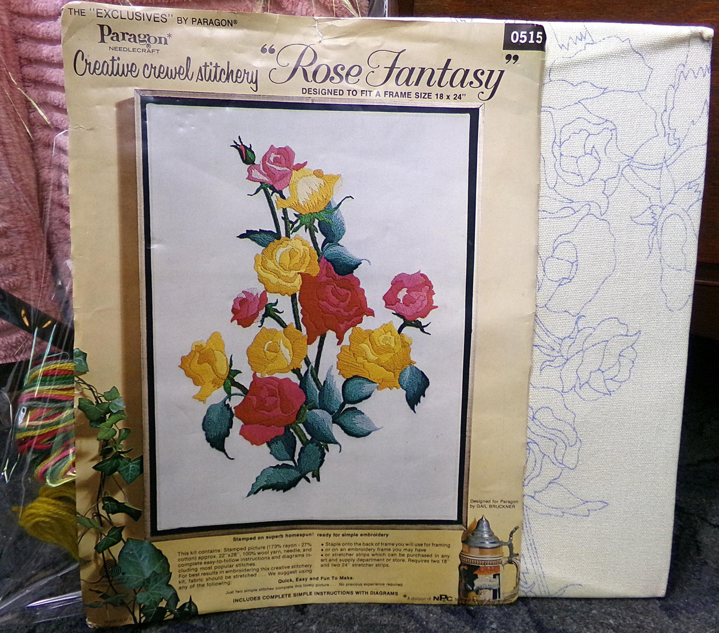 ROSE FANTASY Vintage Paragon Crewel Embroidery Kit #0515, Elegant Garden Roses Stitchery, Gail Bruckner Design