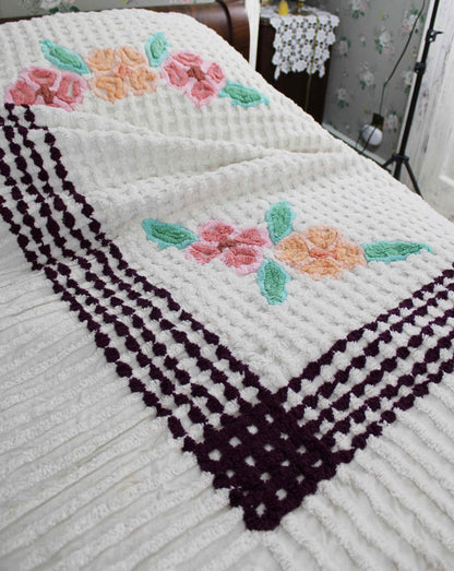 Simple Plush White Vintage Chenille Bedspread, Tropical Flowers on Waffle Tufts, Full Size