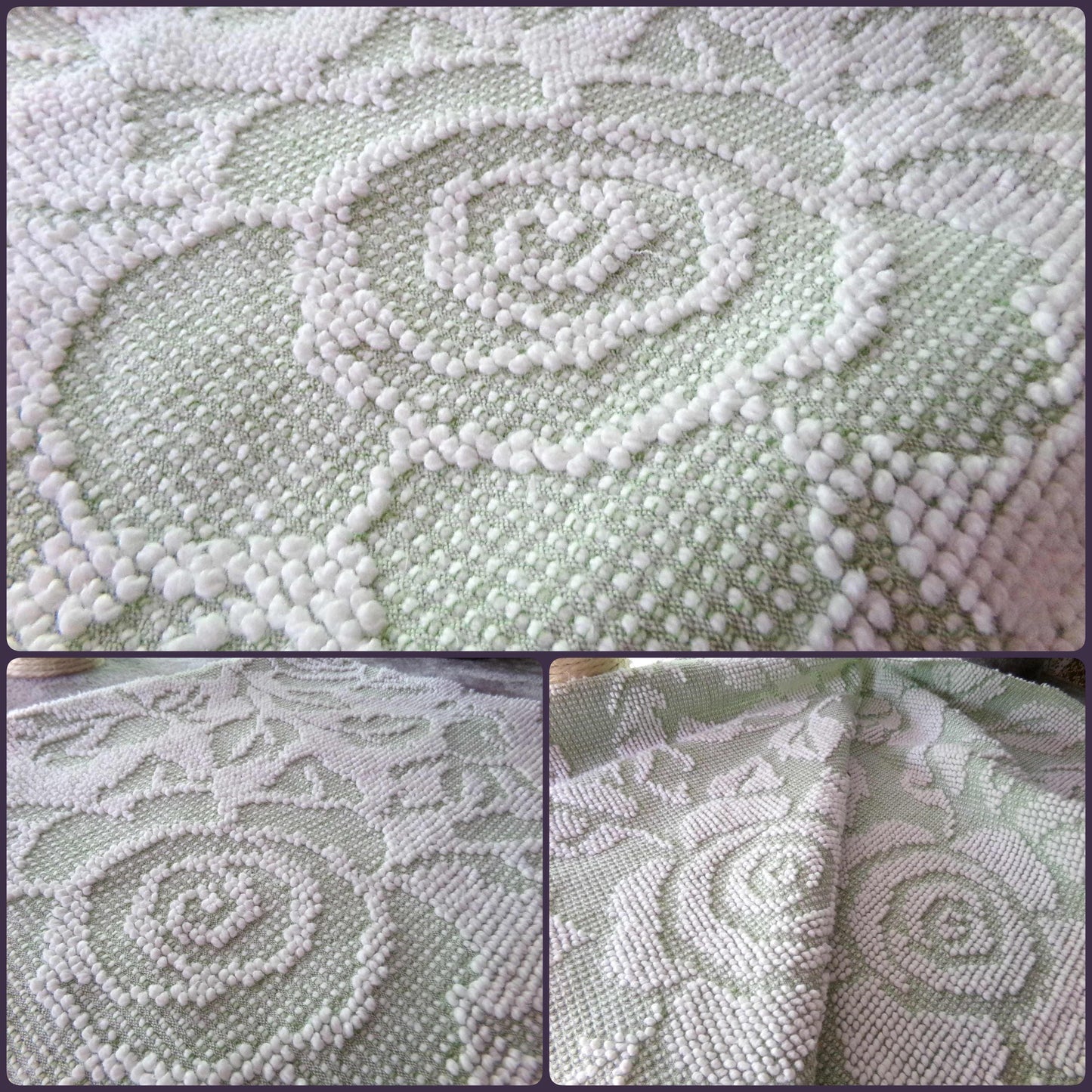 Sage Green Creamy White Cabbage Rose Chenille Fabric, 19" x 23" inch Piece, Vintage Fieldcrest Reversible Hobnail Design, Durable & Strong