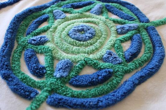 Retro Flower Power Vintage White Chenille Fabric, Striking 15.5" x 47" inch LARGE piece, Handmade Floral Design