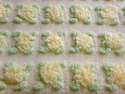 rosebud chenille fabric in radiant lemon chiffon, 18" x 25" piece of vintage quilt material with little yellow rosebuds