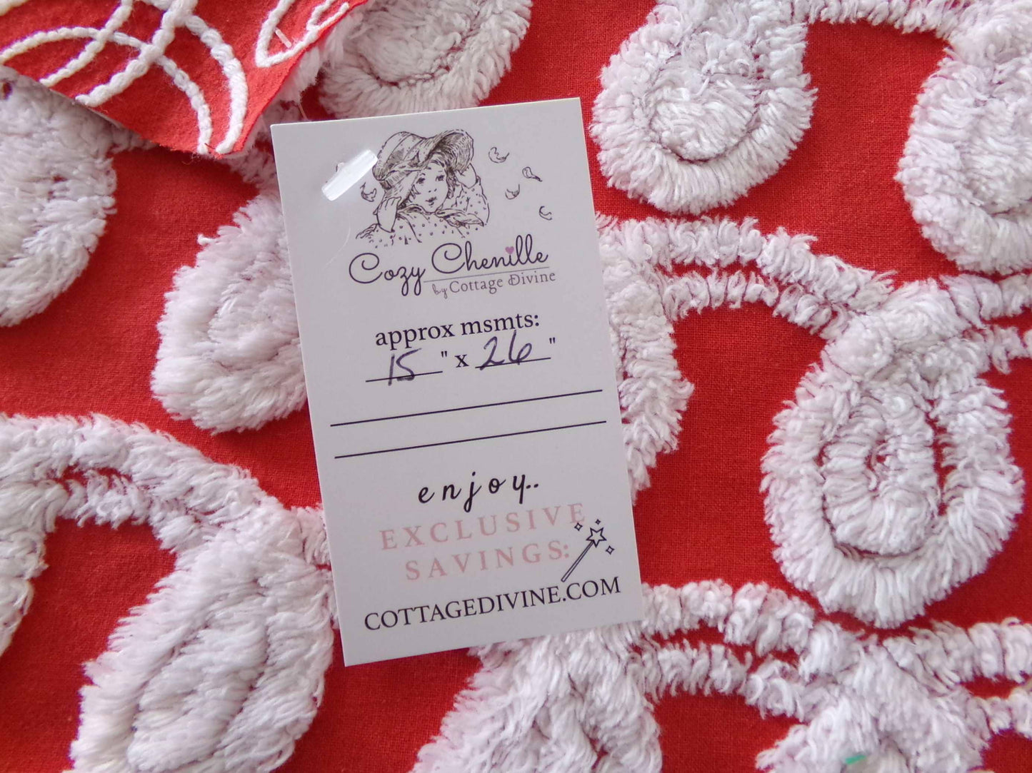 rare white curlicues on red fabric, 15" x 26" inch piece of vintage chenille bedspread material for sewing & quilting