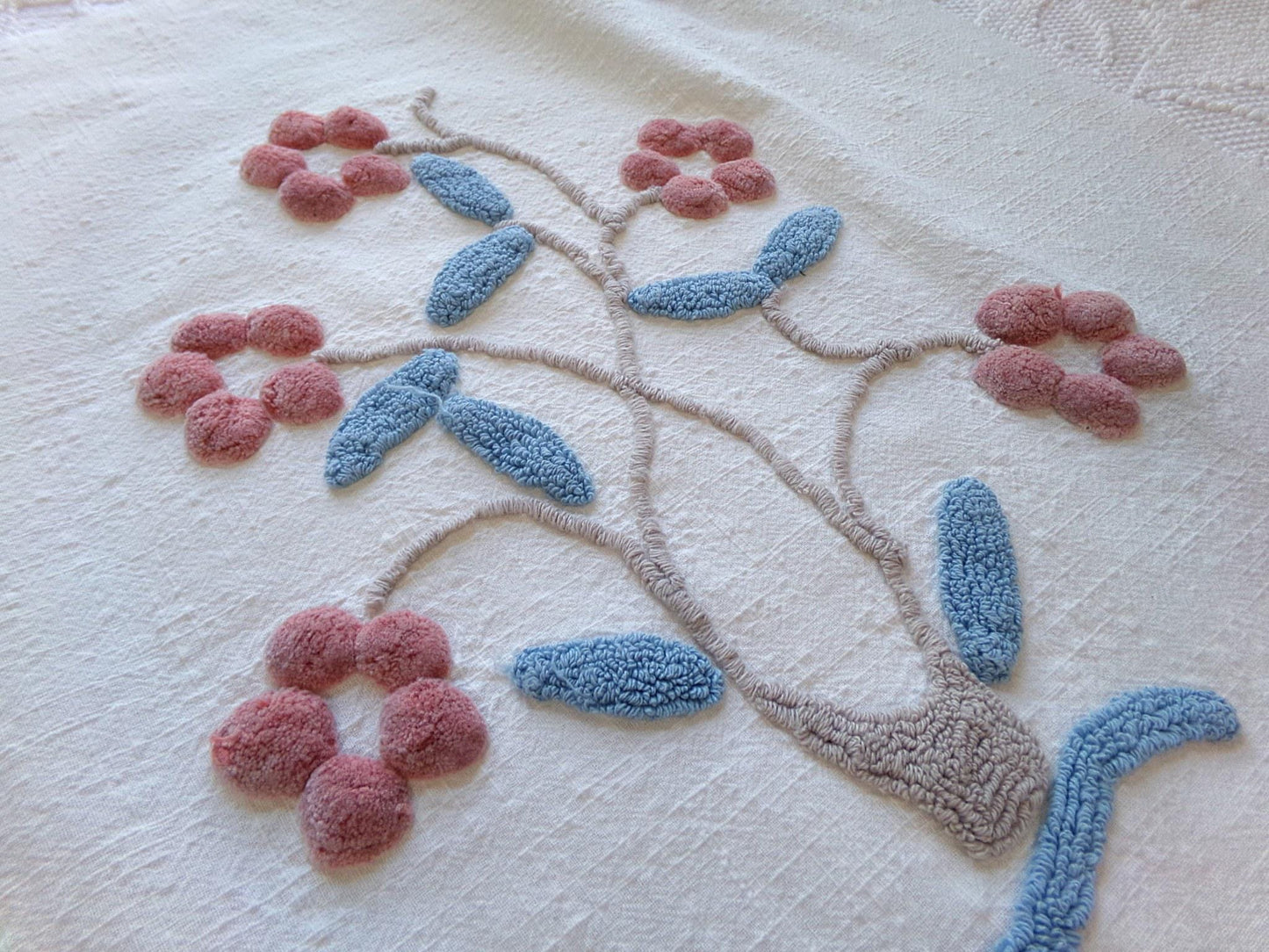 mystic roots vintage chenille fabric w/ 3D tufted earthy tree, floral & star design, 28" x 29" cut piece for wall hangings, fiber arts
