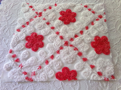 Shabby Red Flowers Vintage Chenille Fabric, 18" x 21" Inch Piece, Frosty White Plush Swirls, Ideal for Festive Crafts