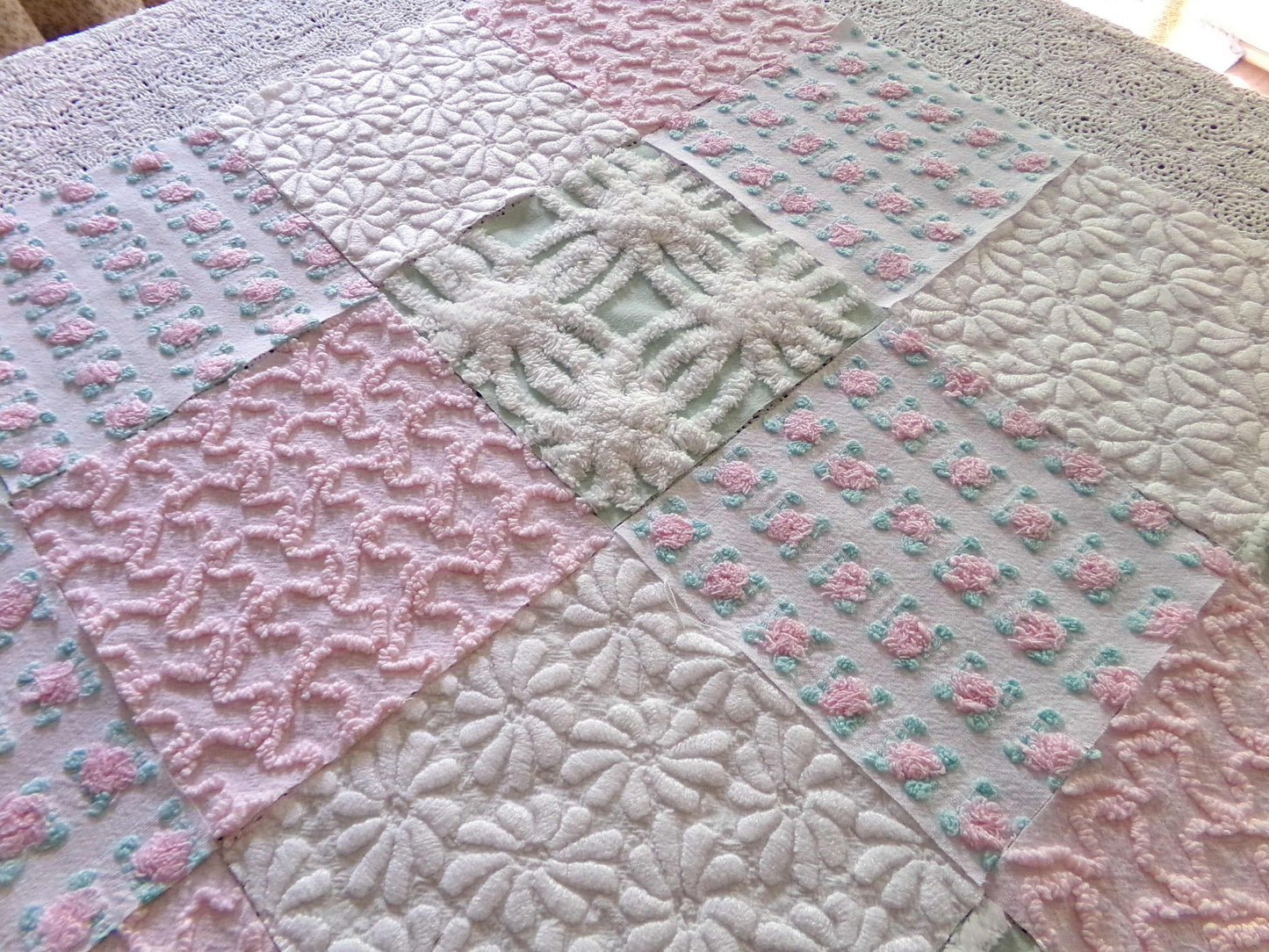 Chenille Squares Set, "Summer Bliss," 16 Vintage Fabric Quilt Blocks, 6" inch in White Daisy, Pink Rosebud, Mint Green, Squiggles