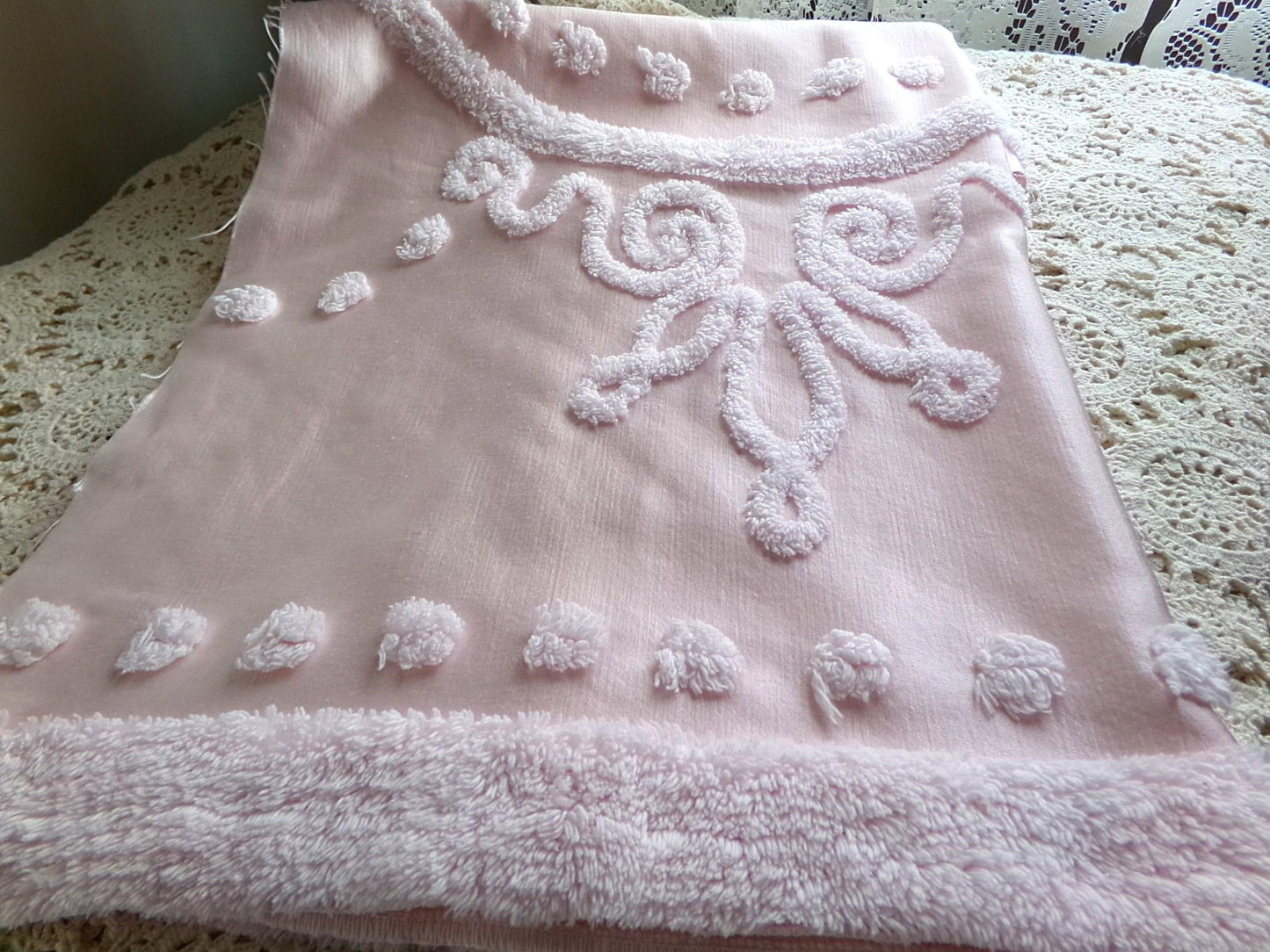 glamorous pink satin fabric piece with chenille tufting, 22" x 25" inch piece of luxury vintage sewing material for arts & crafts