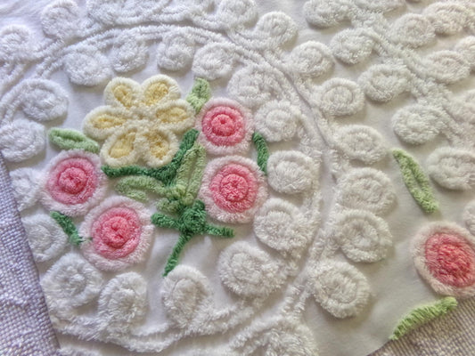 bridal cake vintage chenille fabric, lovely sculpted white curlicues & rosette florals, 20" x 23" inch piece of cotton sewing material
