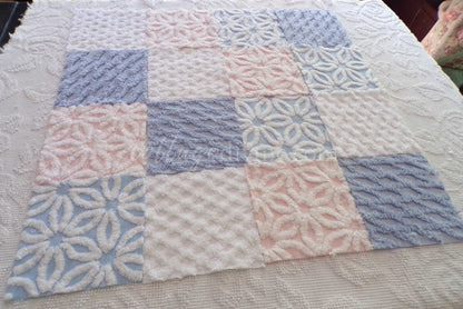 Fluffy Soft 6" Chenille Fabric Squares, Set of 16 Quilt Blocks, Pink, Blue & White Daisy Designs Cut from Vintage Chenille Bedspreads
