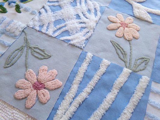meadow skies vintage chenille fabric squares, set of 16 serene 6" quilt blocks, geometrics, daisy & lupine flowers for crafts, sewing