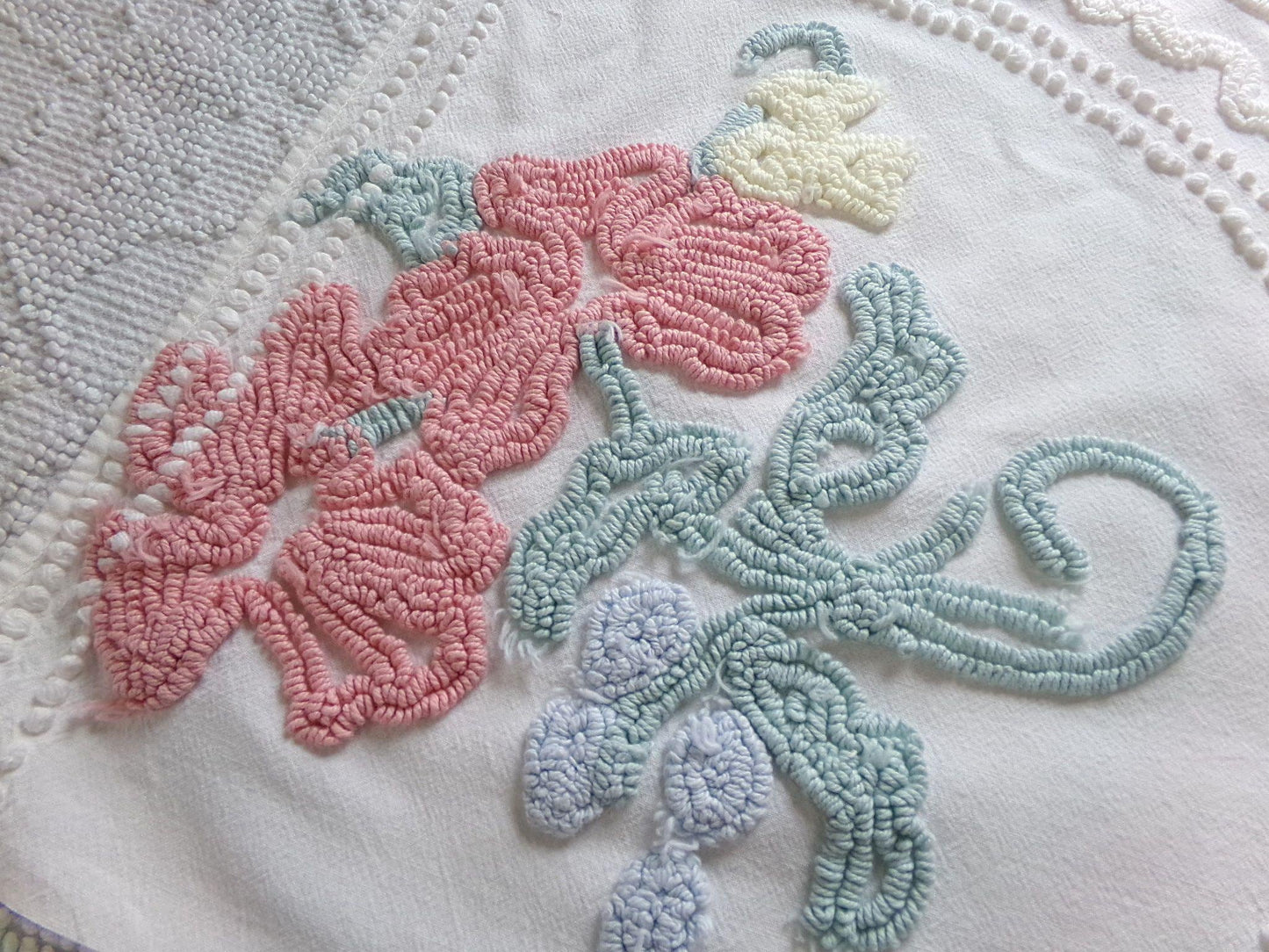 shabby delicate vintage chenille fabric, 18" x 24" inch piece of cotton sewing material for crafts & quilting