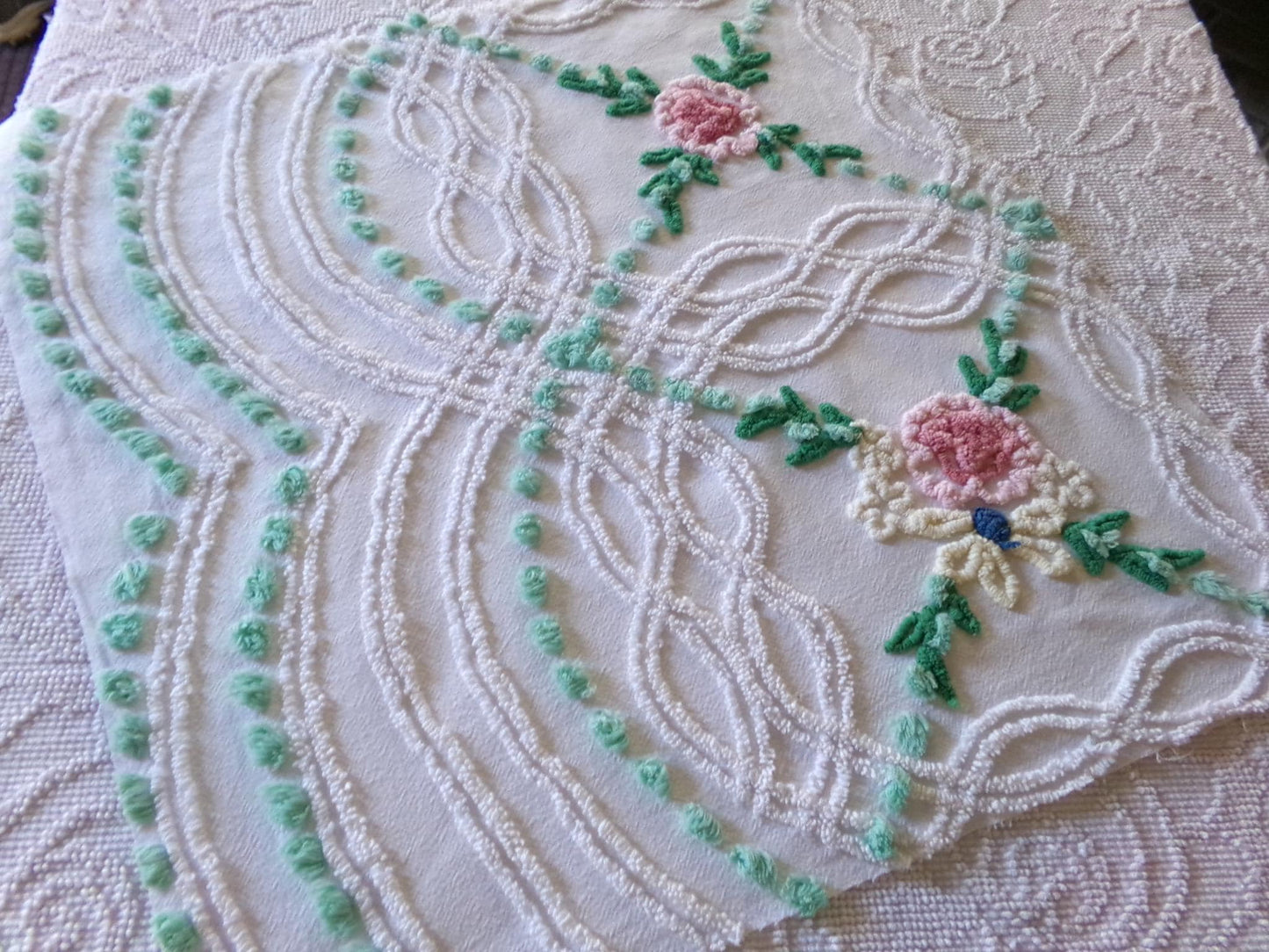 cottage style wildflower vintage chenille fabric, jadeite pops on white cotton, 22" x 23" inch piece of sewing material for quilting, crafts
