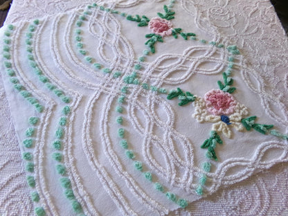 cottage style wildflower vintage chenille fabric, jadeite pops on white cotton, 22" x 23" inch piece of sewing material for quilting, crafts