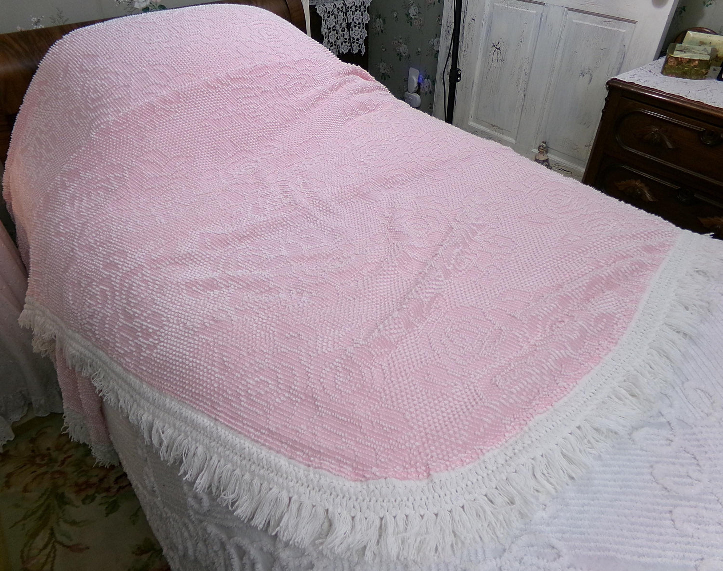 Vintage Twin Chenille Bedspread | Pink White Hobnail Rose Pattern with Fringe | Shabby Chic Woven Cotton Bedding