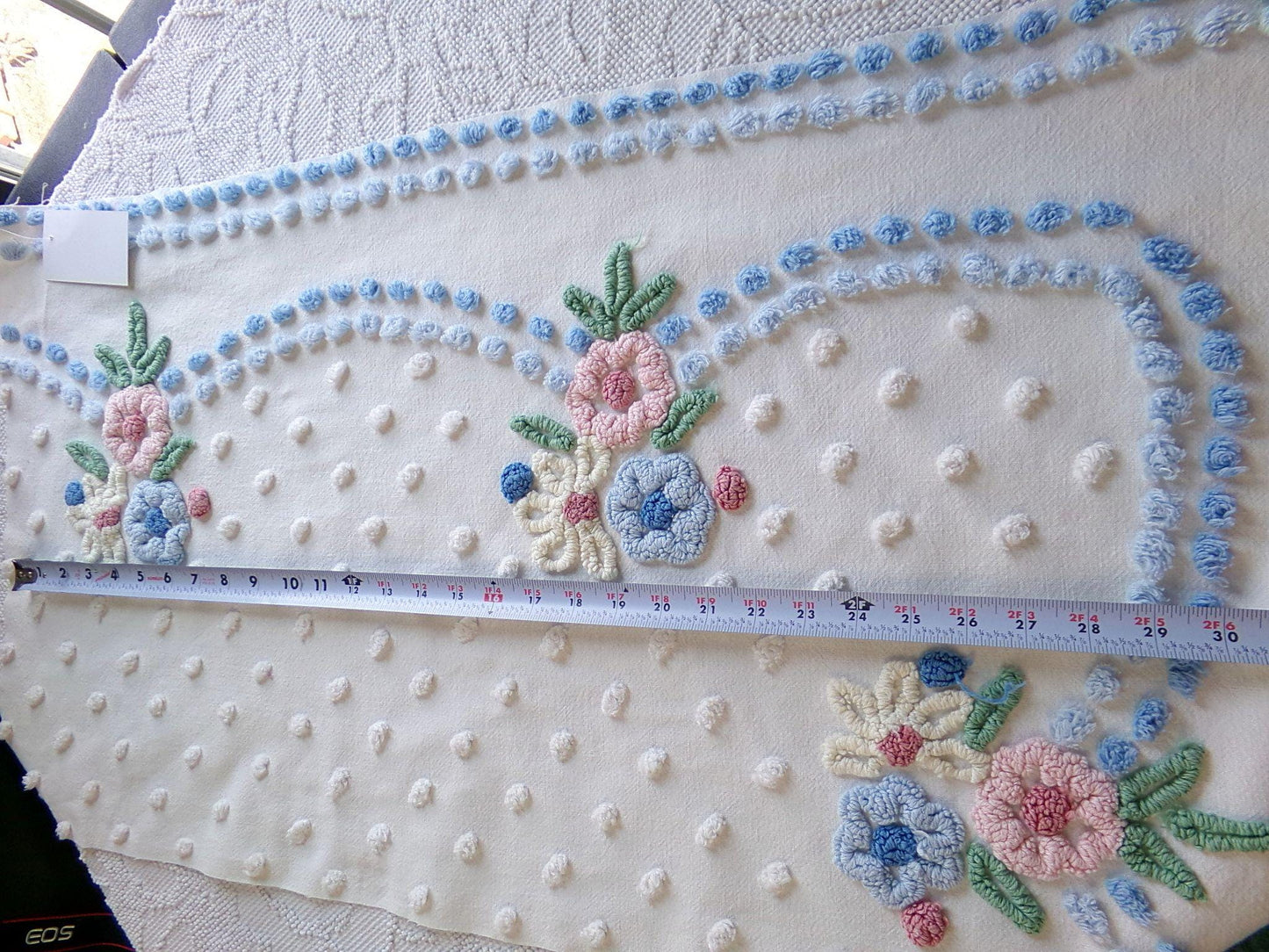 shabby divine vintage chenille fabric, prettiest floral 18" x 34" inch large piece of cotton sewing material, great for quilting & crafts