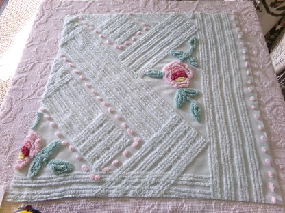 Rose Aqua Mist Vintage Chenille Fabric, 25" x 24" Piece, 100% Lightweight Cotton, Lovely Simple Floral Geometric Design